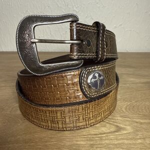 Western Belt 3D Cowboy Brown Leather Tooled Embossed Cross Concho Size 46 Men’s